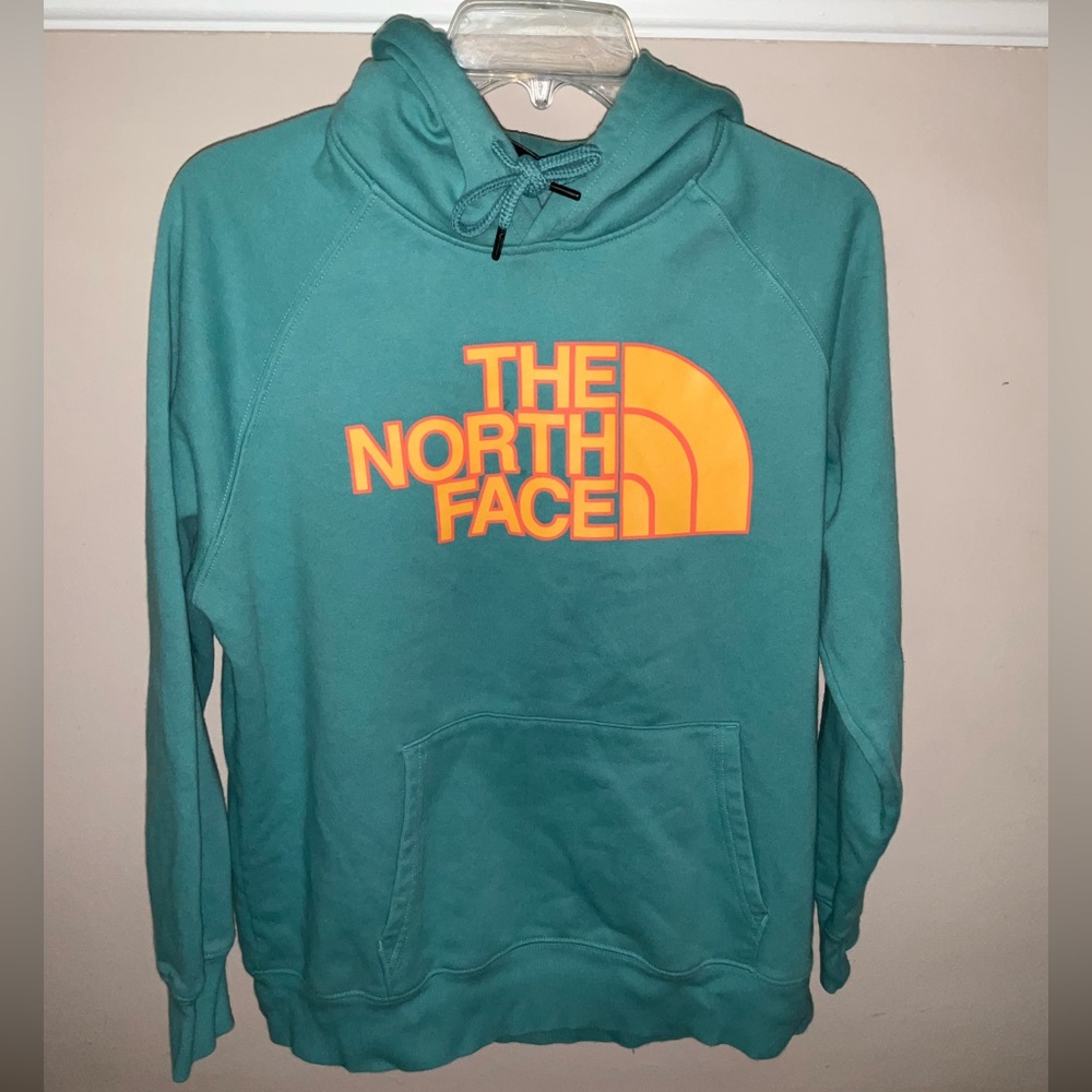 The North Face Aqua Hoodie with Bright Orange Logo